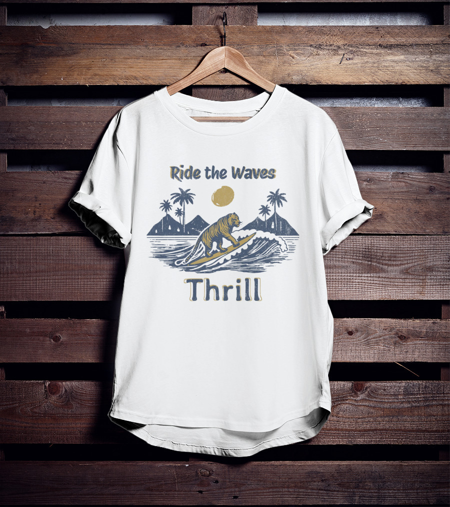 Ride The Waves Thrill Tiger Surf Moon Palms T-Shirt