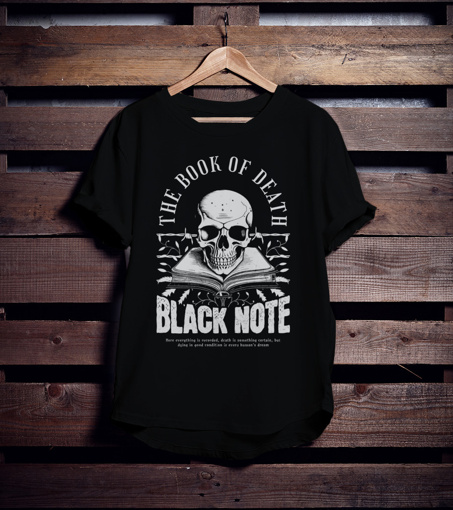 The Book Of Death Black Note Skull With Open Book T-Shirt