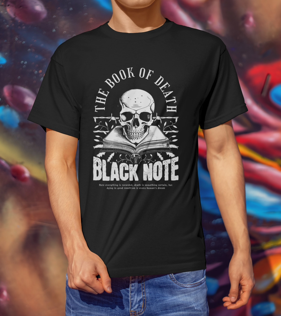 The Book Of Death Black Note Skull With Open Book T-Shirt