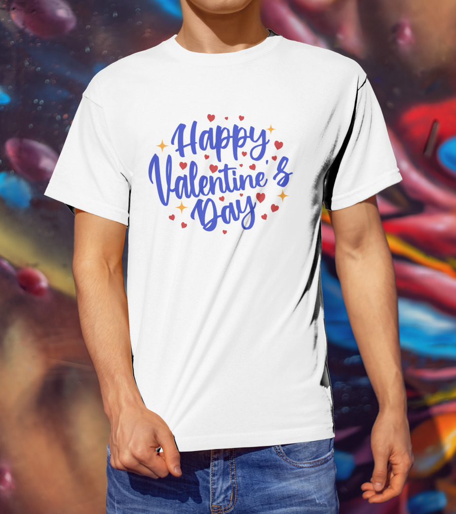Happy Valentine's Day Blue Script With Hearts And Stars T-Shirt