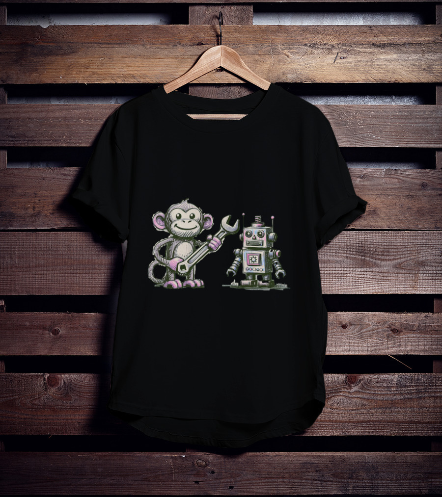 Monkey Wrench Holding Monkey And Robot Companion T-Shirt