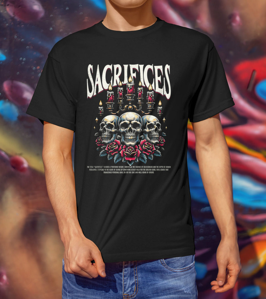 SACRIFICES Skulls Candles Roses Profound Weight Emotions Human Resilience Transcending Personal Gain T-Shirt