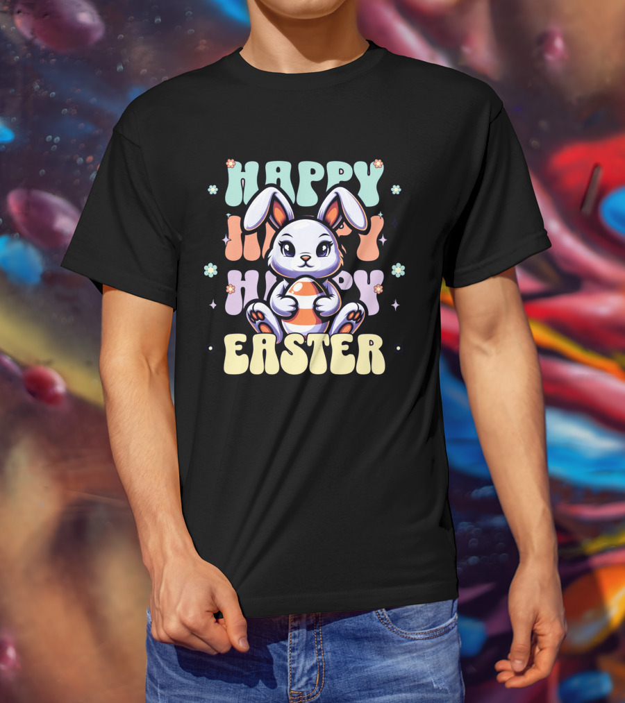 Happy Easter Bunny Holding Egg Pastel Flowers T-Shirt