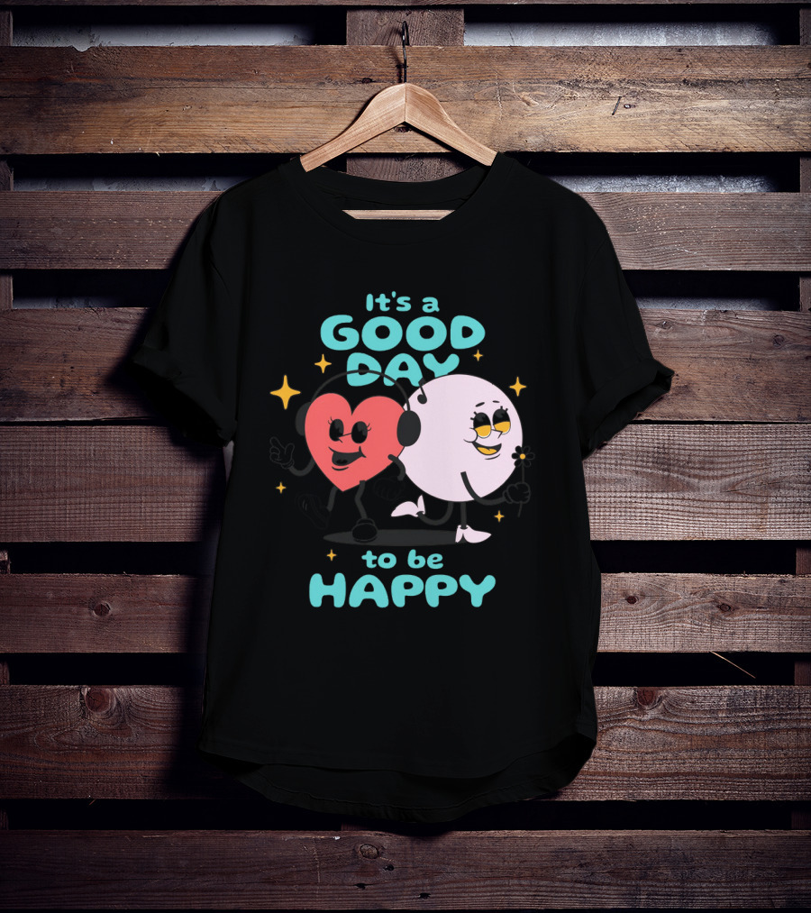 IT'S A GOOD DAY TO BE HAPPY Heart And Smiley Face Strolling With Headphones T-Shirt