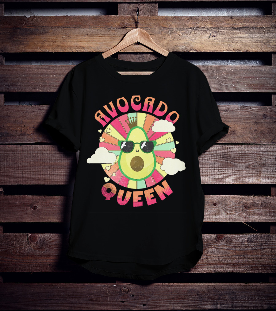 Avocado Queen Kawaii Crown Sunglasses Retro Sunburst Hearts Clouds T-Shirt