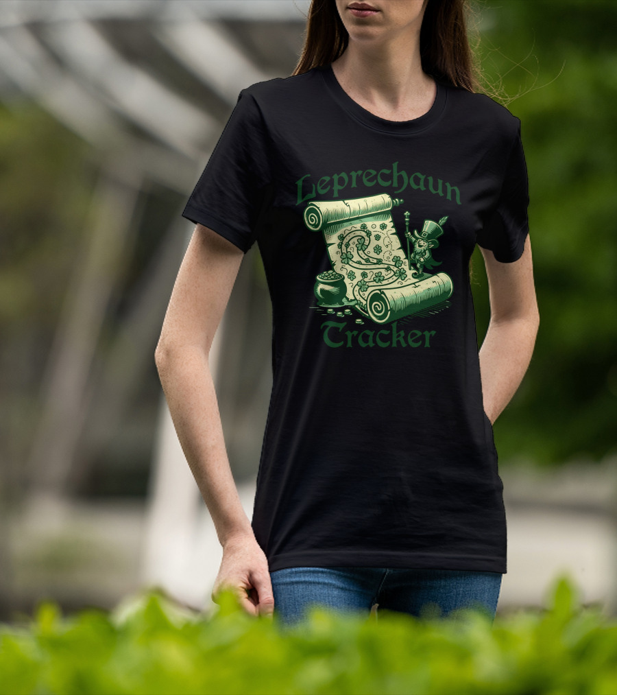 Leprechaun Tracker Map Scroll With Pot Of Gold And Lucky Clover Path T-Shirt