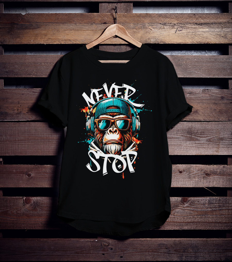 NEVER STOP Cool Monkey In Headphones T-Shirt
