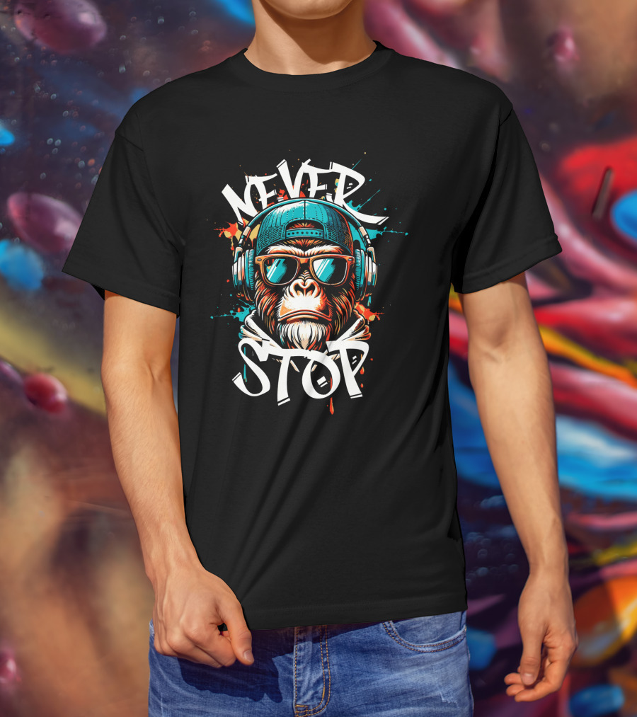 NEVER STOP Cool Monkey In Headphones T-Shirt