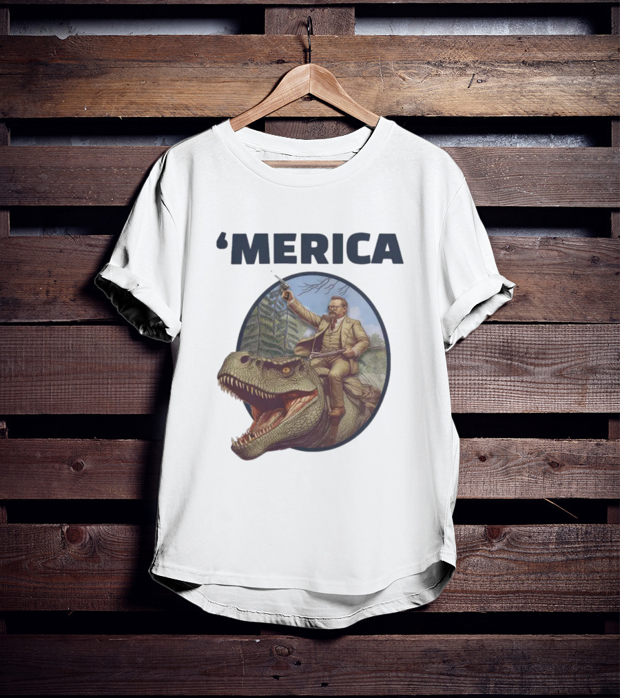 Macrodosing 'Merica Roosevelt Riding Dinosaur With Gun T-Shirt