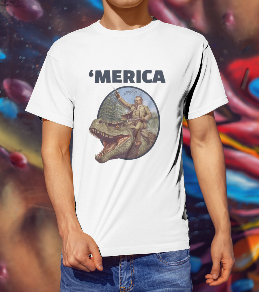 Macrodosing 'Merica Roosevelt Riding Dinosaur With Gun T-Shirt