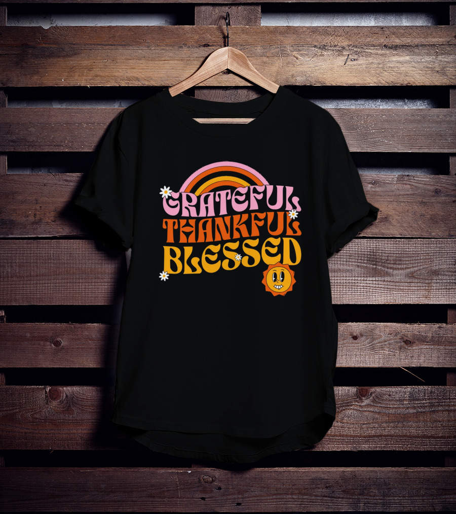 Grateful Thankful Blessed Retro Rainbow Sunflower Smiley Face T-Shirt