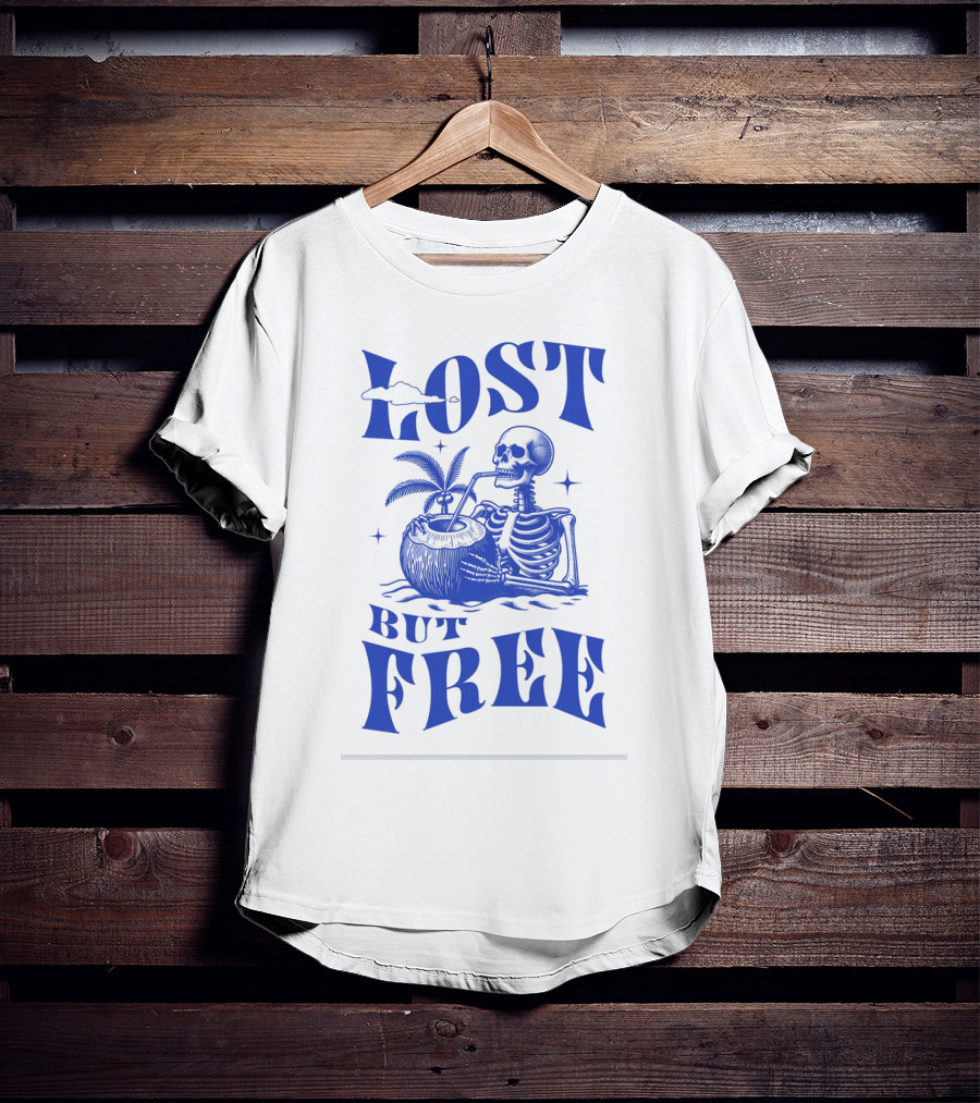 Lost But Free Skeleton With Coconut Drink Beach Vintage T-Shirt