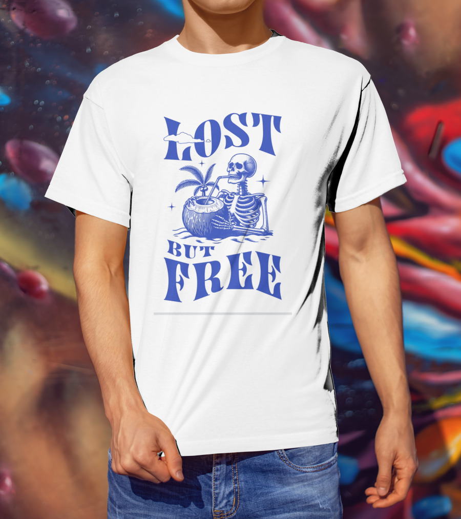 Lost But Free Skeleton With Coconut Drink Beach Vintage T-Shirt