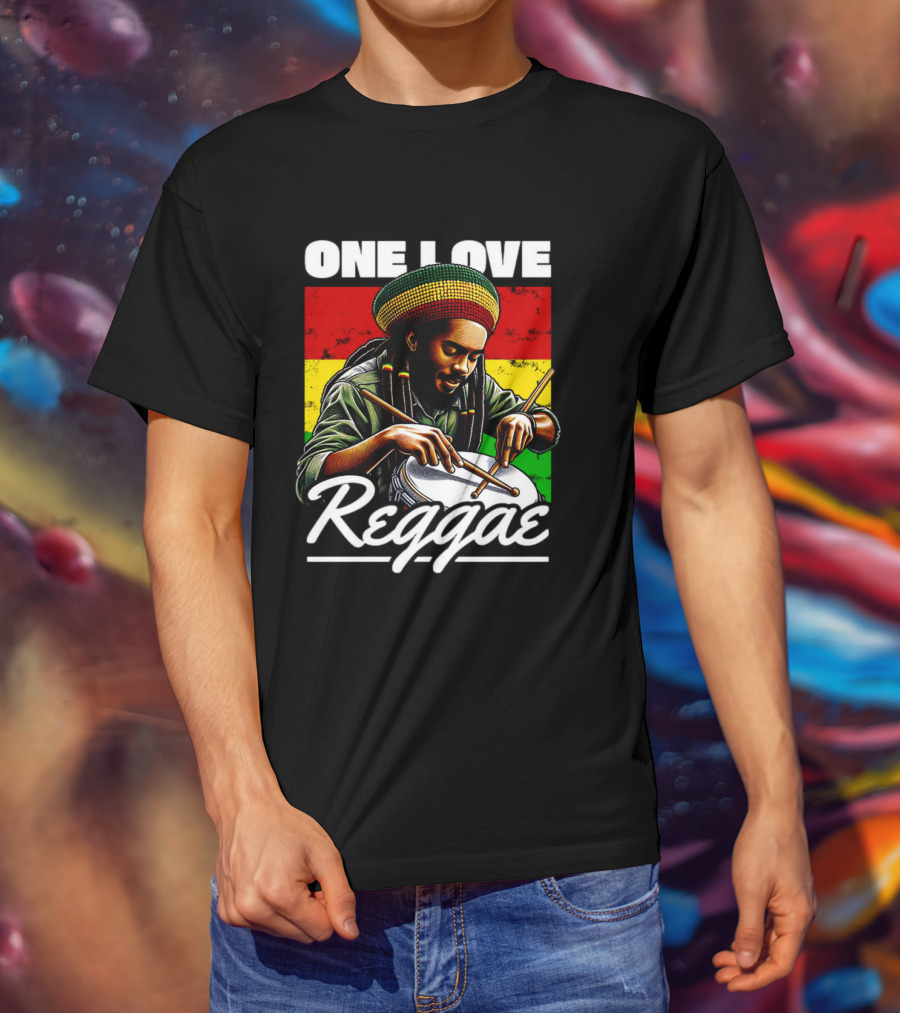 One Love Reggae Drummer With Rasta Colors T-Shirt