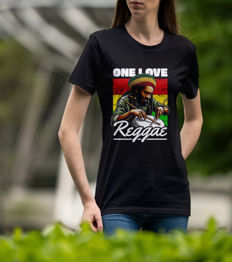 One Love Reggae Drummer With Rasta Colors T-Shirt