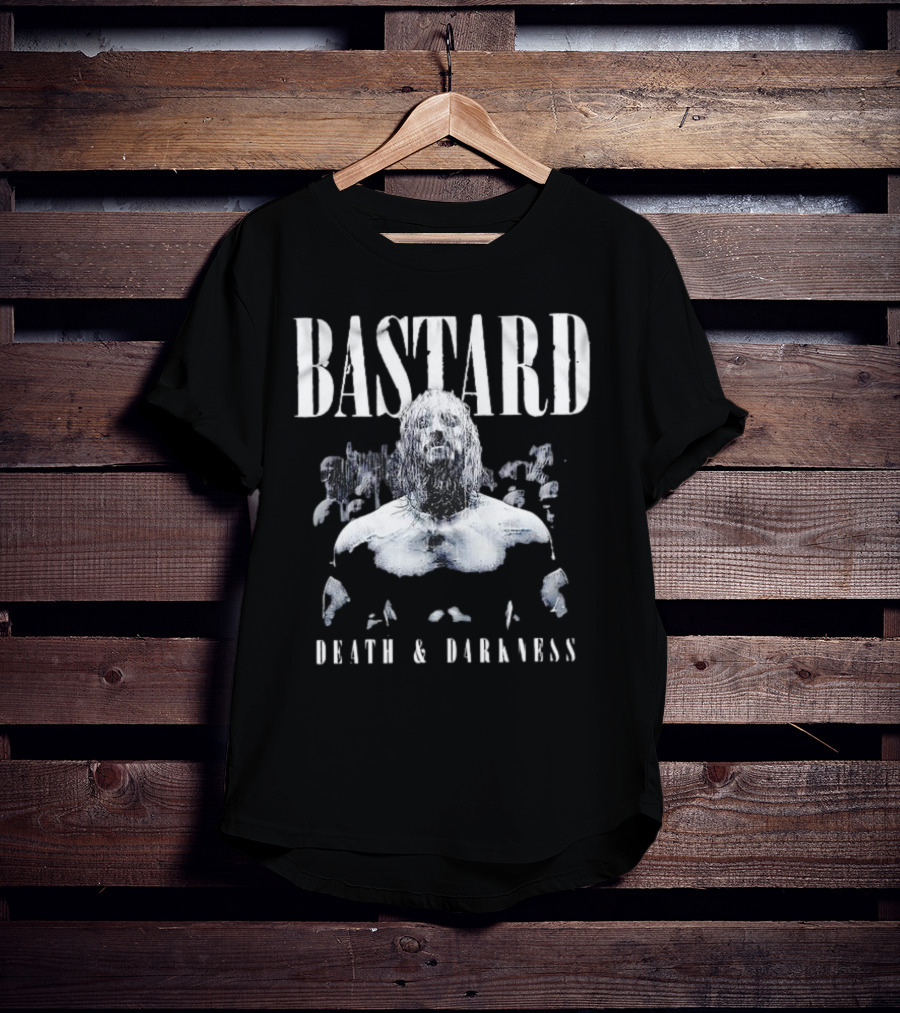 Bastard Death And Darkness Gritty Monochrome Warrior Surrounded By Shadowed Figures T-Shirt