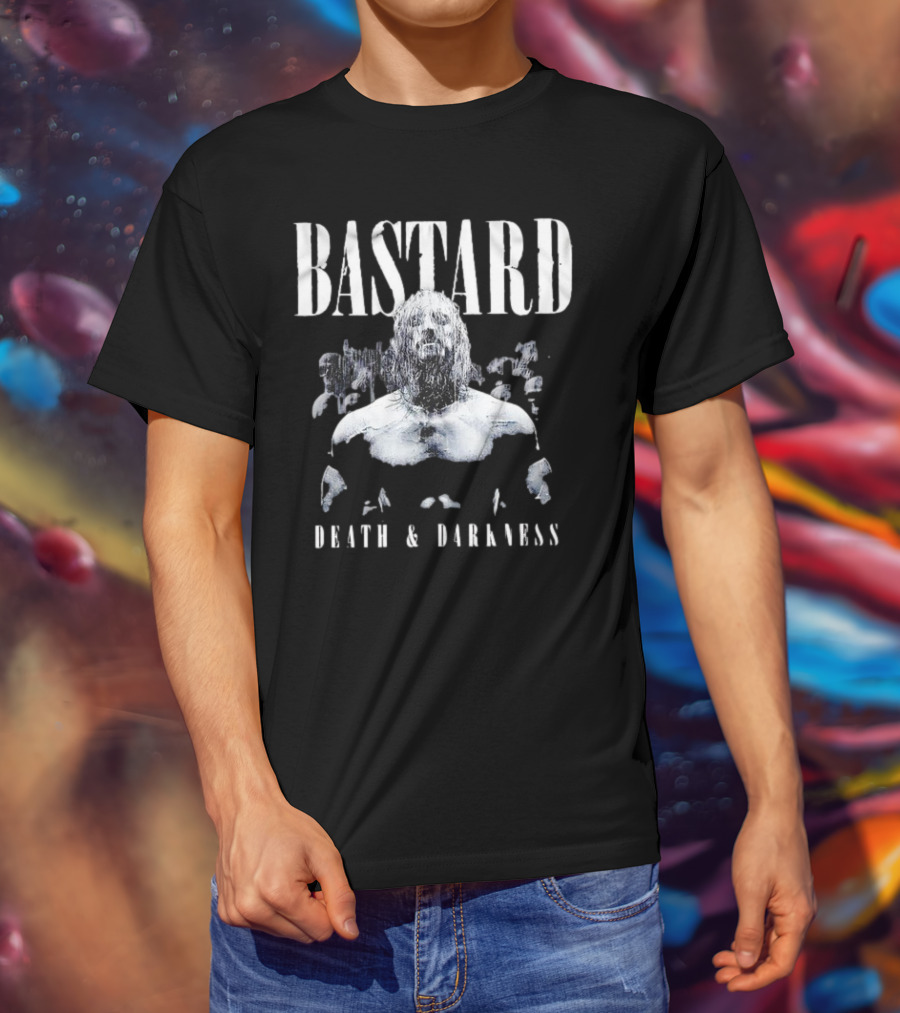 Bastard Death And Darkness Gritty Monochrome Warrior Surrounded By Shadowed Figures T-Shirt