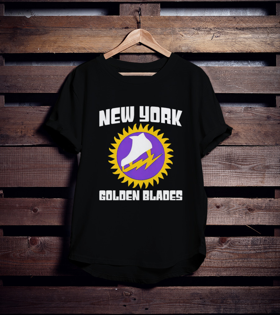 New York Golden Blades Ice Skate Logo With Purple And Gold Sunburst T-Shirt