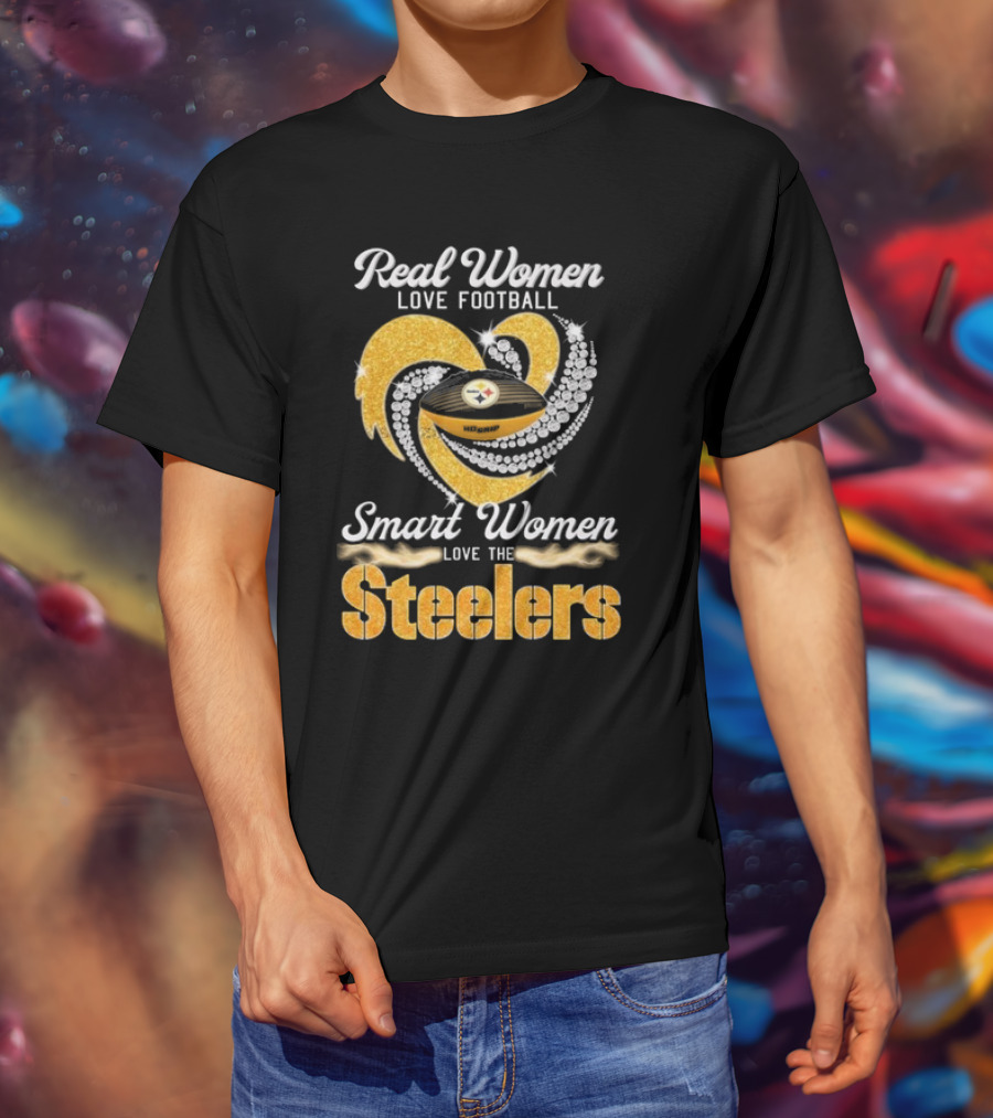 Real Women Love Football Smart Women Love The Steelers Diamond Heart T-Shirt