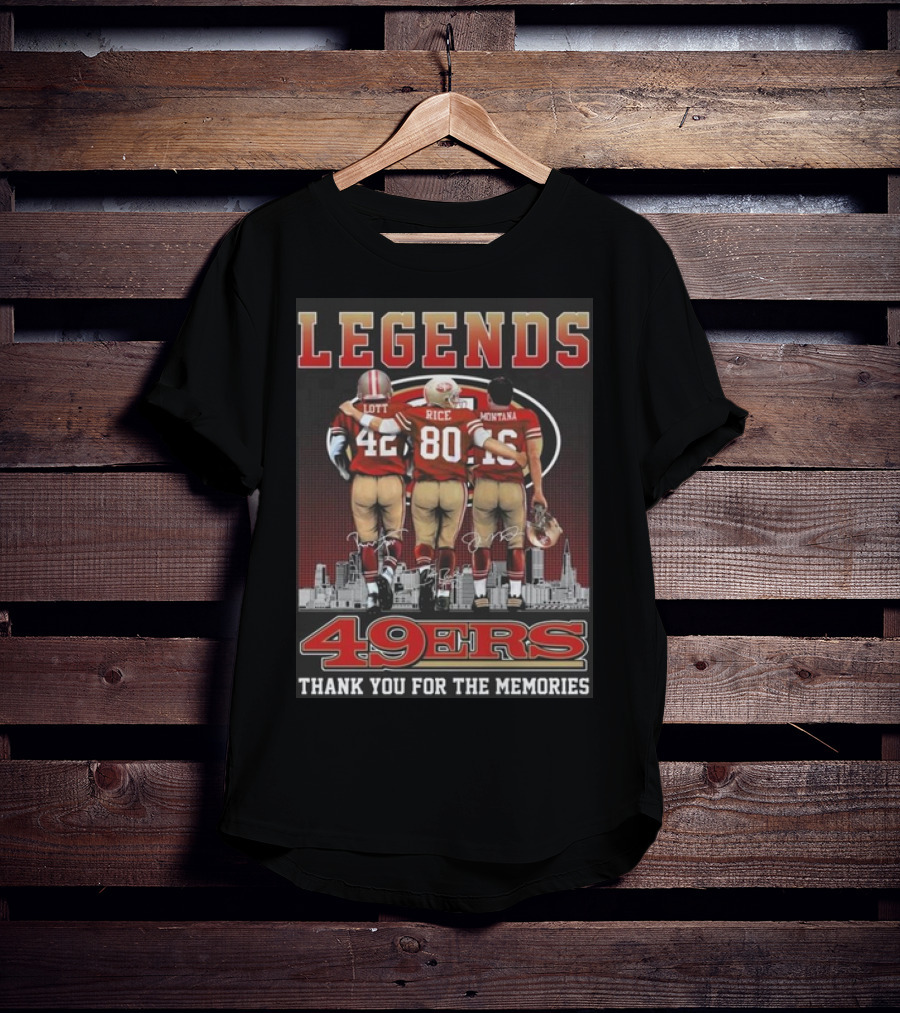 49ers Legends Montana Rice Lott Thank You For The Memories Skyline Signatures T-Shirt
