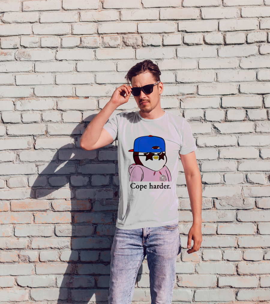 Pudgy Penguin Cope Harder Star Shades Blue Cap Pink T-Shirt