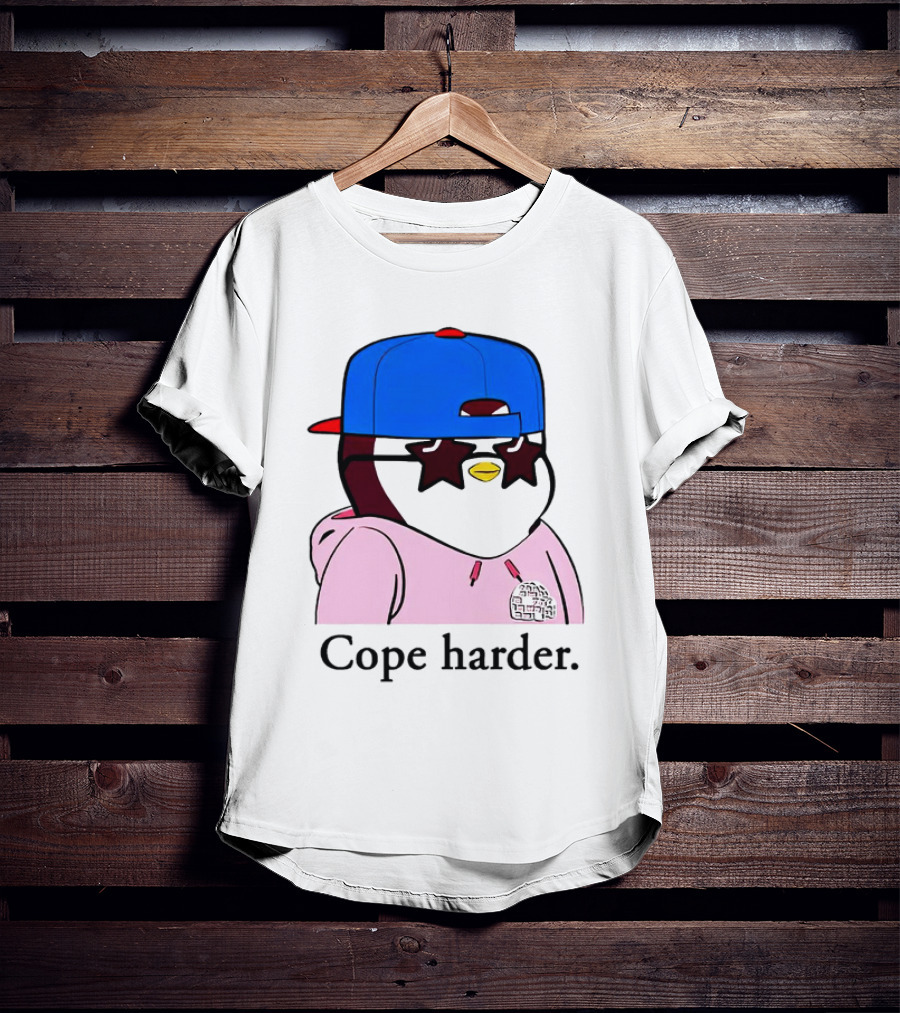 Pudgy Penguin Cope Harder Star Shades Blue Cap Pink T-Shirt