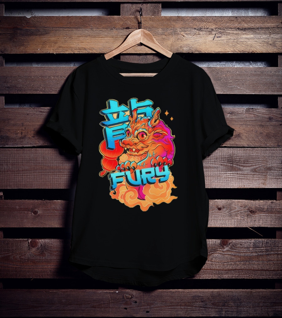 Dragon Fury Vibrant Mythical Creature With Neon Chinese Characters T-Shirt