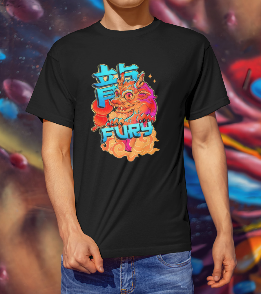 Dragon Fury Vibrant Mythical Creature With Neon Chinese Characters T-Shirt