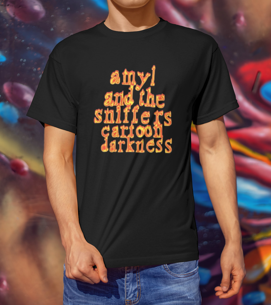 Amyl And The Sniffers Cartoon Darkness Flame Text T-Shirt