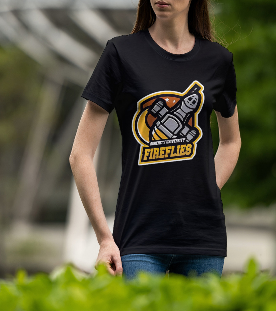 Serenity University Fireflies Spaceship Logo With Stars And Moon T-Shirt