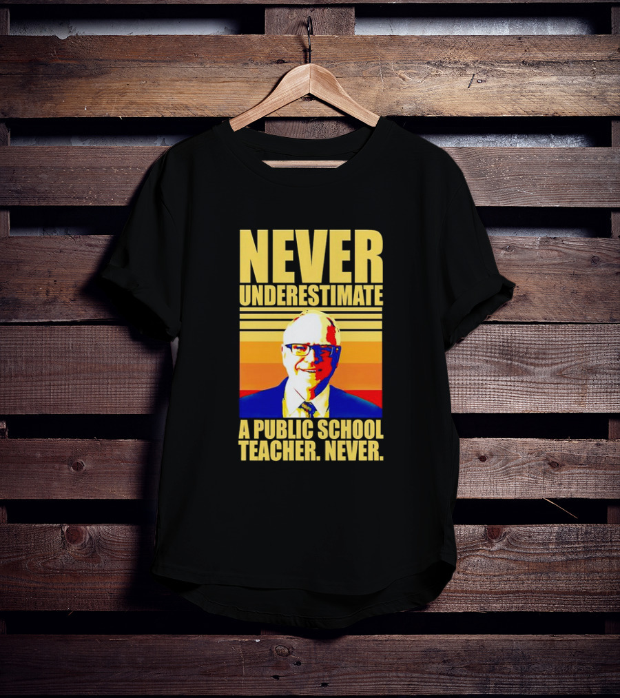 Never Underestimate A Public School Teacher Never Tim Walz Vintage Retro Stripes T-Shirt