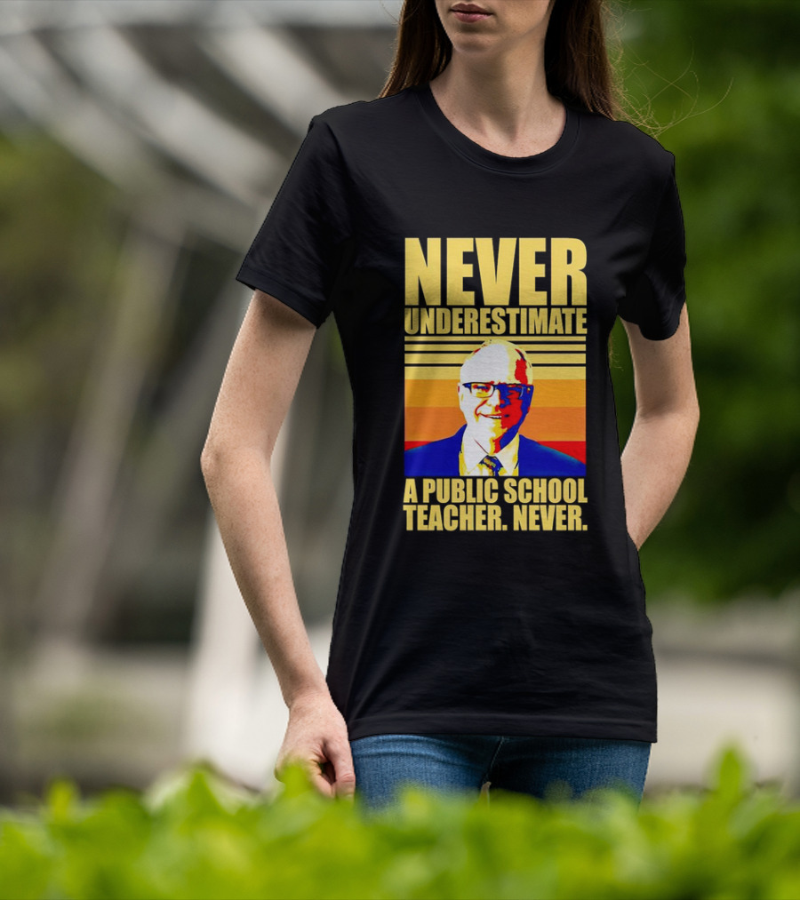 Never Underestimate A Public School Teacher Never Tim Walz Vintage Retro Stripes T-Shirt