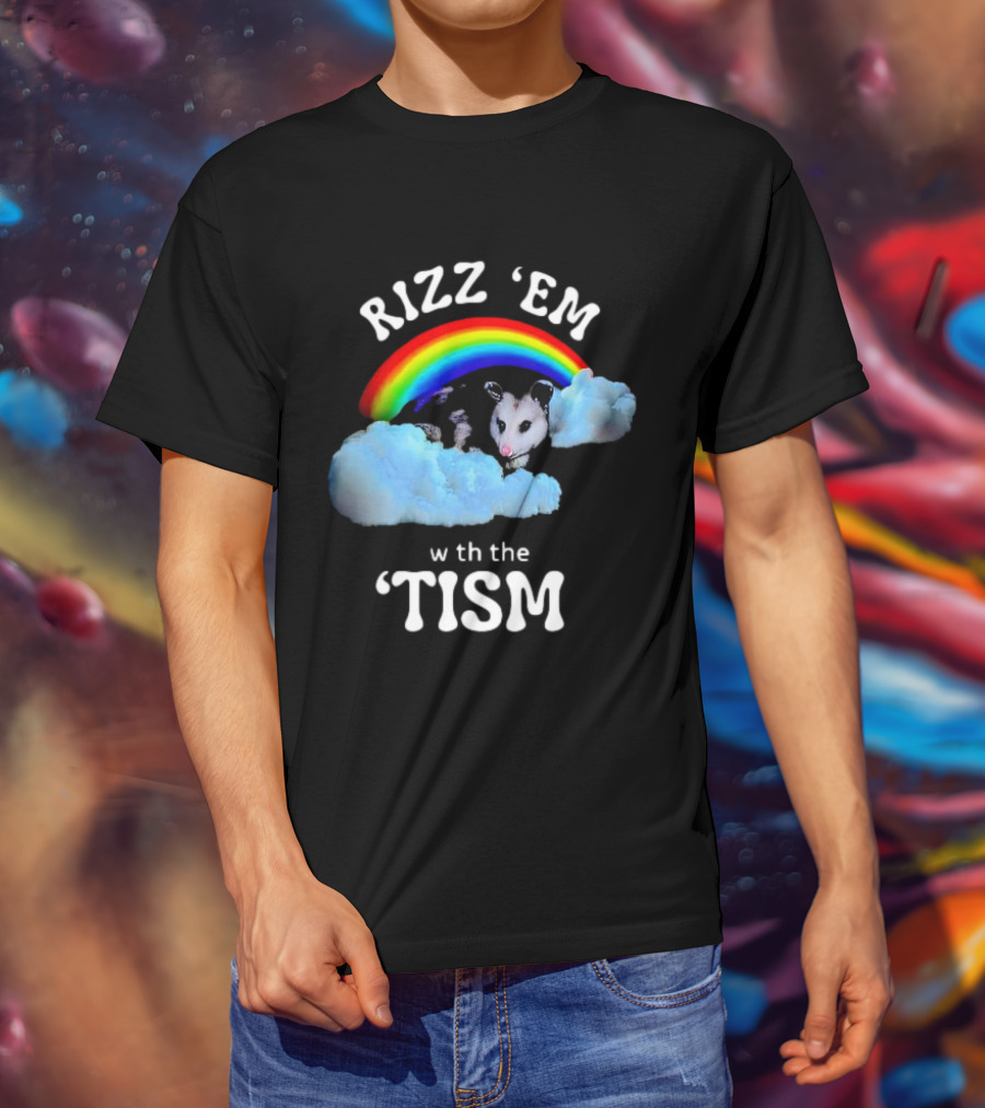 Rizz 'Em With The Tism Opossum Rainbow Clouds T-Shirt