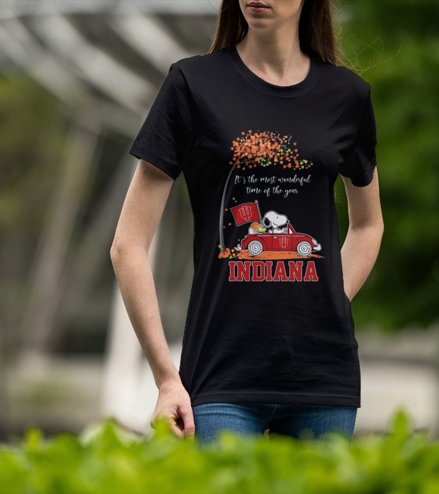 Indiana Hoosiers Snoopy And Woodstock Driving Car Fall It’s The Most Wonderful Time Of The Year T-Shirt