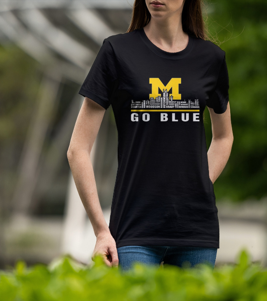 Michigan Wolverines Go Blue Skyline With Woodson Hutchinson Brady Names T-Shirt
