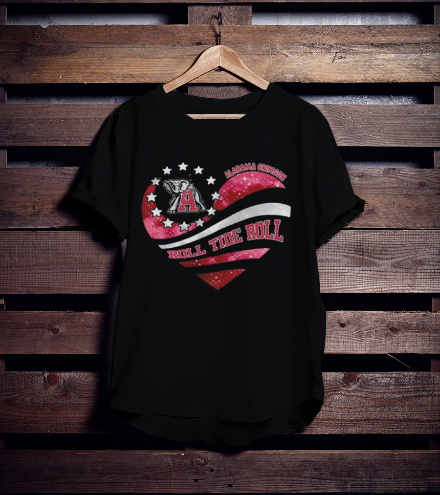 Alabama Crimson Roll Tide Roll Heart With Elephant And Stars T-Shirt