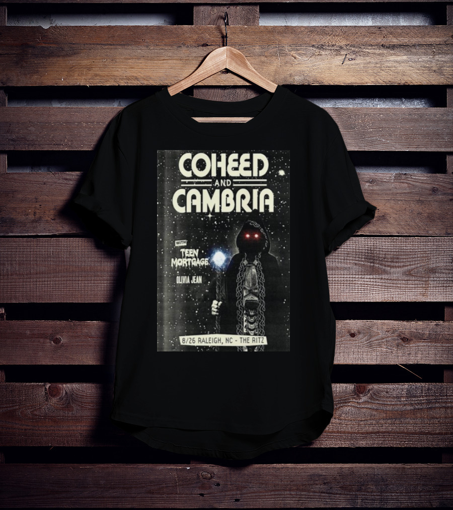 Coheed And Cambria 8/26 Raleigh NC The Ritz With Teen Mortgage Olivia Jean Mysterious Hooded Figure With Cosmic Background T-Shirt