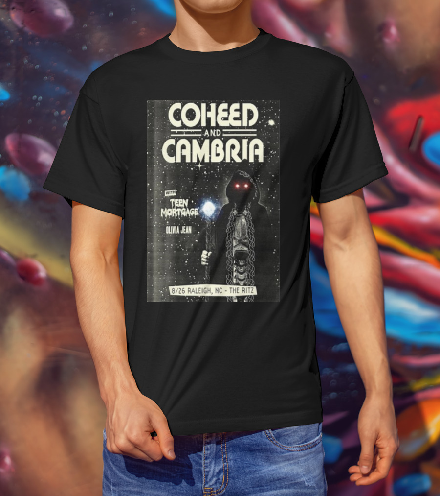 Coheed And Cambria 8/26 Raleigh NC The Ritz With Teen Mortgage Olivia Jean Mysterious Hooded Figure With Cosmic Background T-Shirt