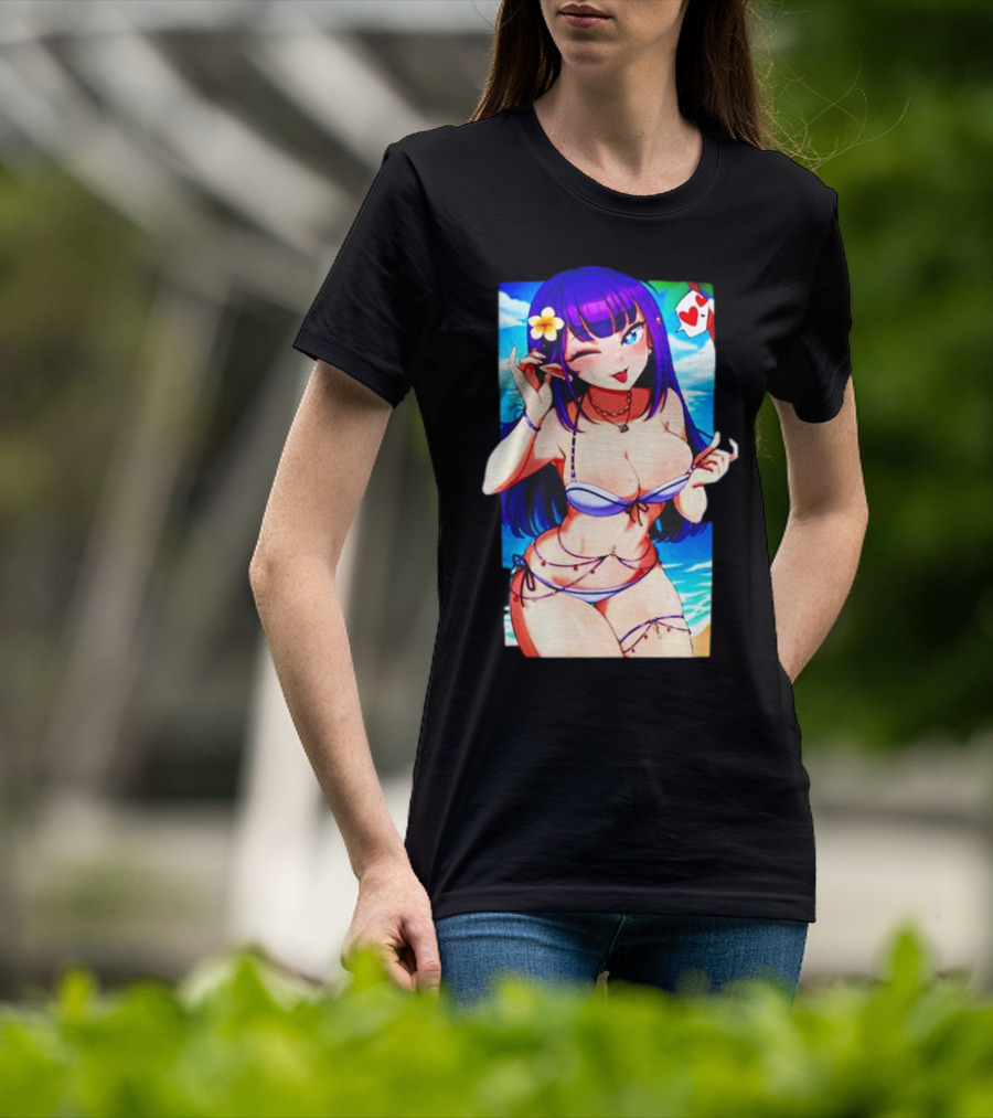 Hot Waifu Chika Fujiwara V2 Beach Anime Girl Winking Playing Card Flower Bikini T-Shirt