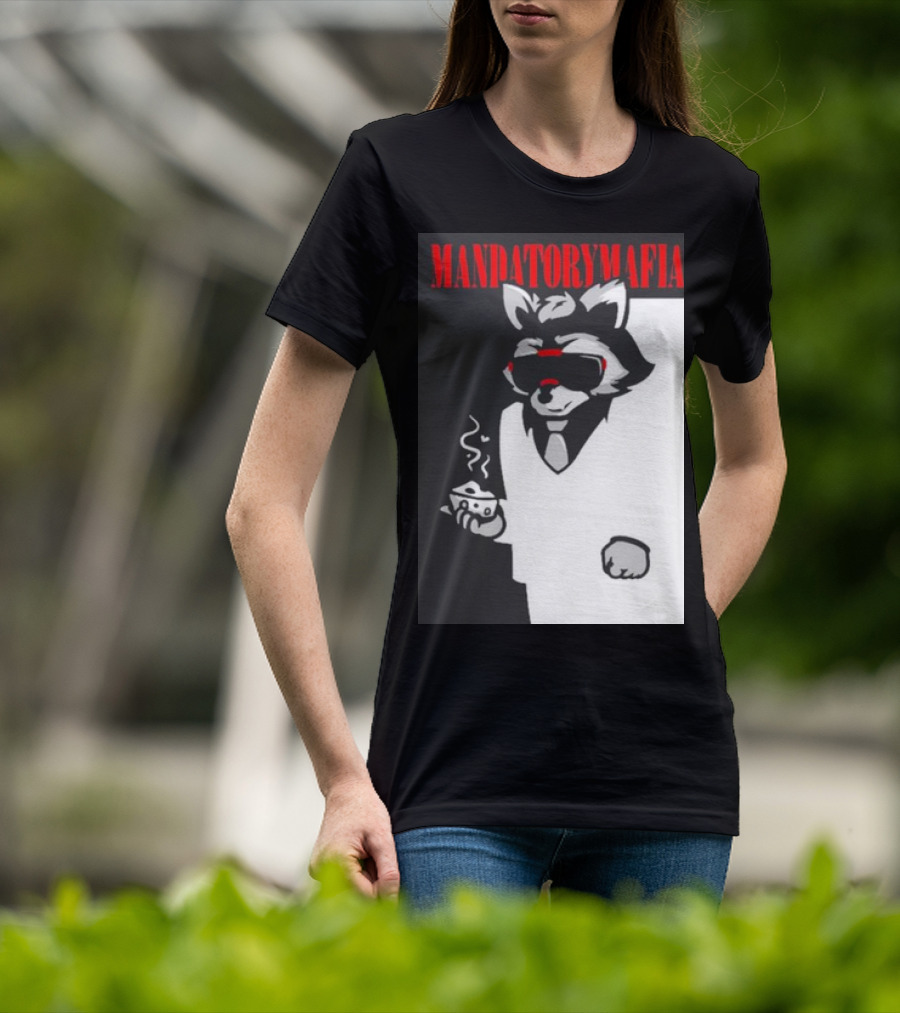 MANDATORY MAFIA RACCOON WITH COFFEE IN SUIT AND SUNGLASSES T-Shirt