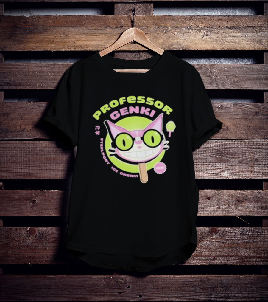 Professor Genki Steelport Ice Cream Cat Neon Green Pink Fun T-Shirt