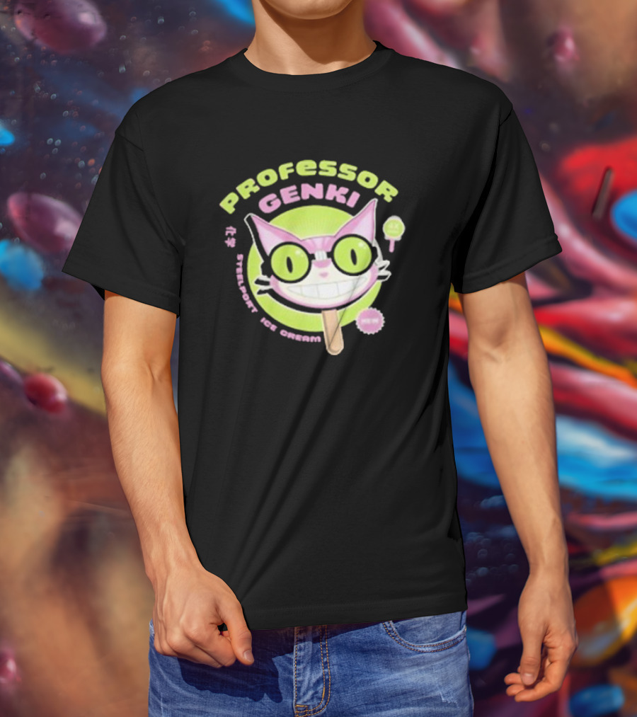 Professor Genki Steelport Ice Cream Cat Neon Green Pink Fun T-Shirt