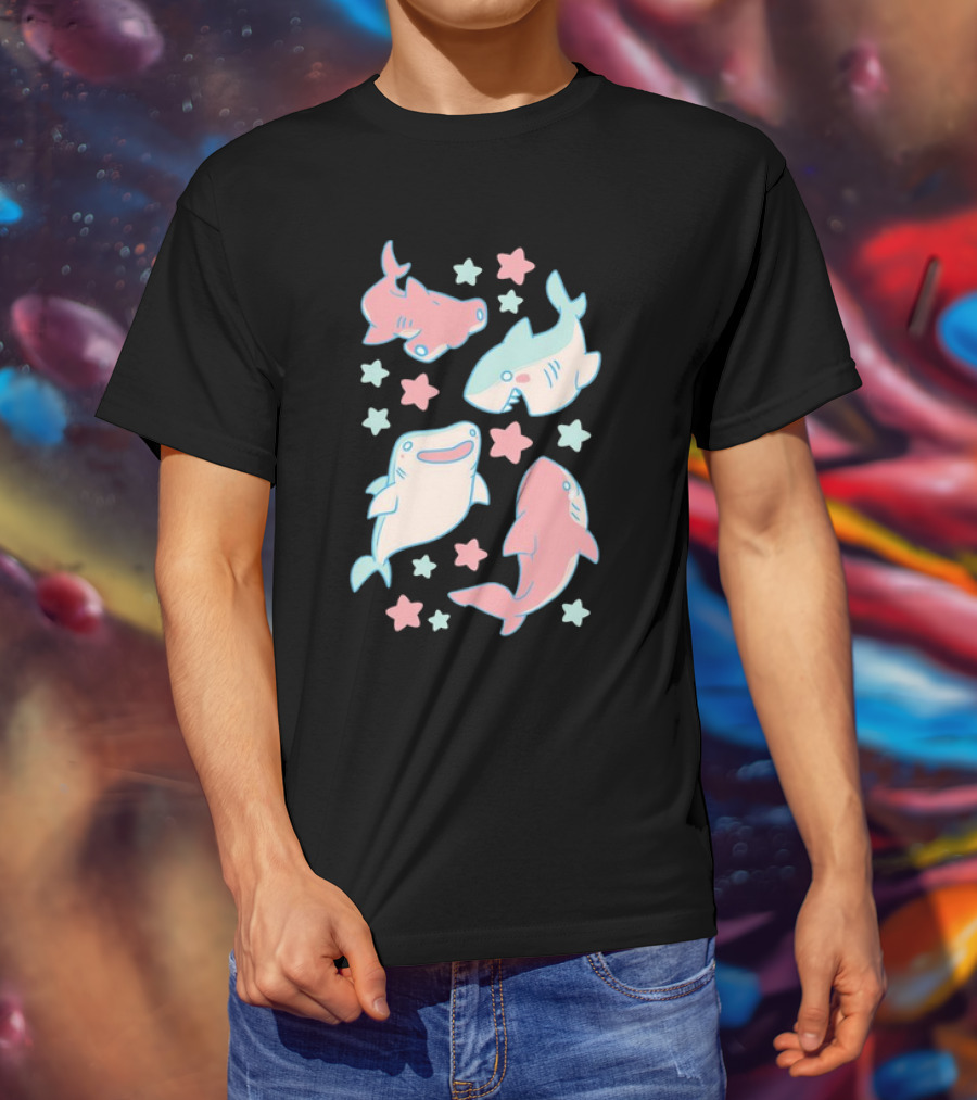 Happy Cartoon Sharks And Stars T-Shirt