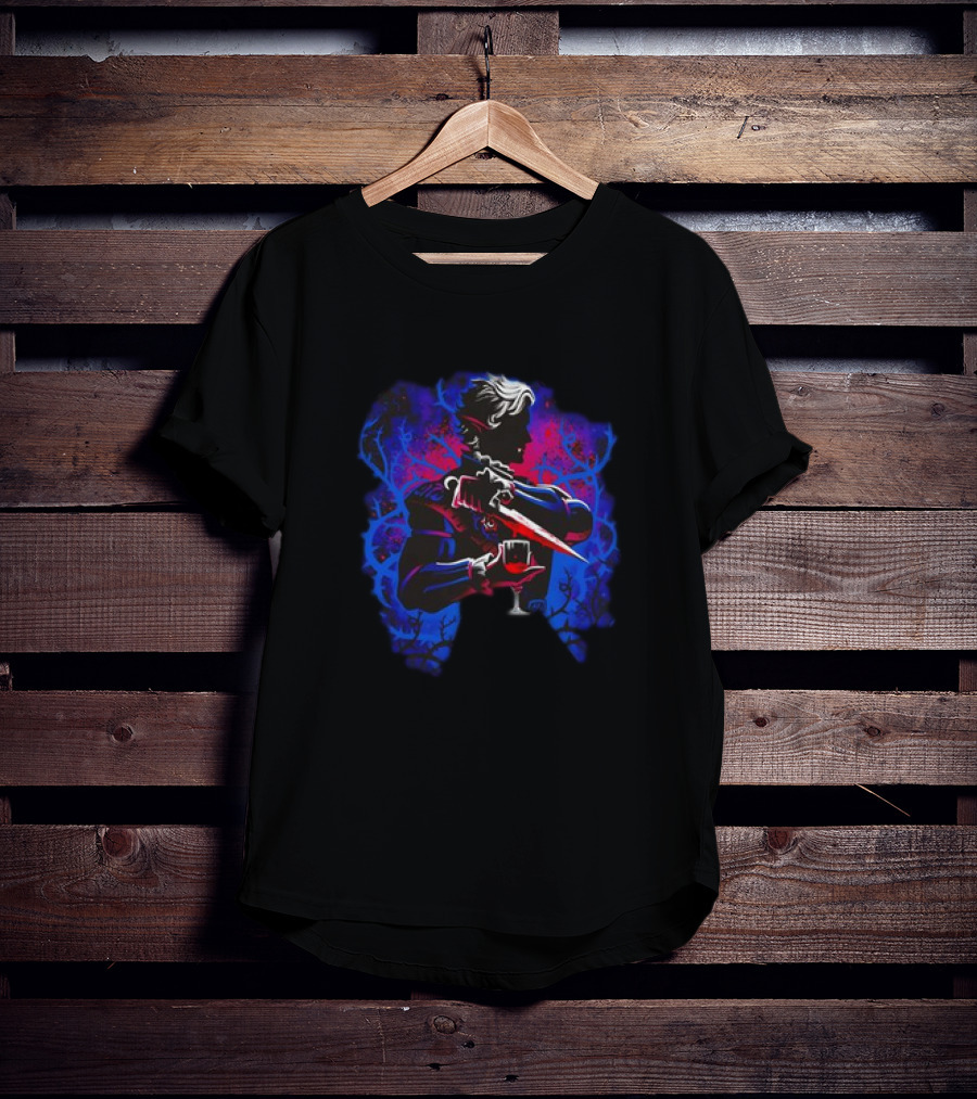 High Elf Vampire Dark Fantasy Silhouette With Dagger And Wine Glass T-Shirt