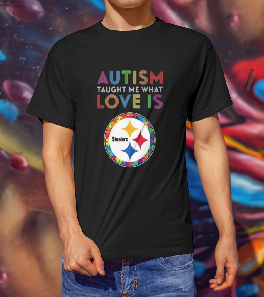 Autism Taught Me What Love Is Pittsburgh Steelers Puzzle T-Shirt