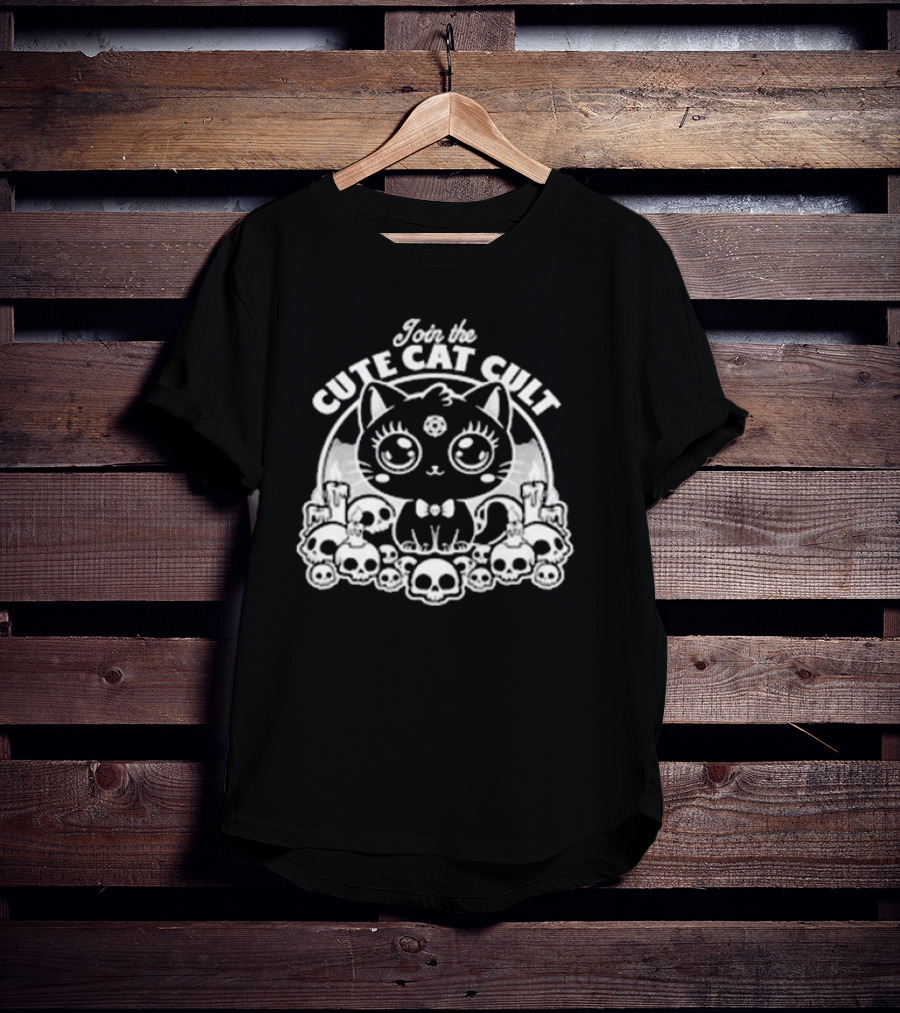 Join The Cute Cat Cult Black And White Skull Cat Surrounded By Skulls T-Shirt