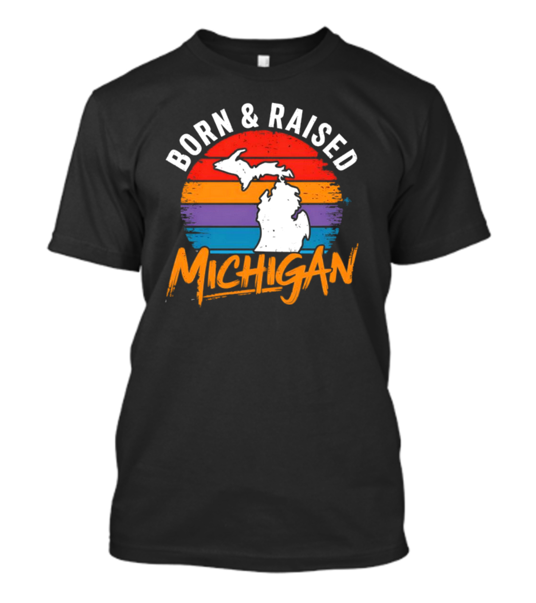 Born And Raised Michigan Vintage Sunset Map Stripes T-Shirt