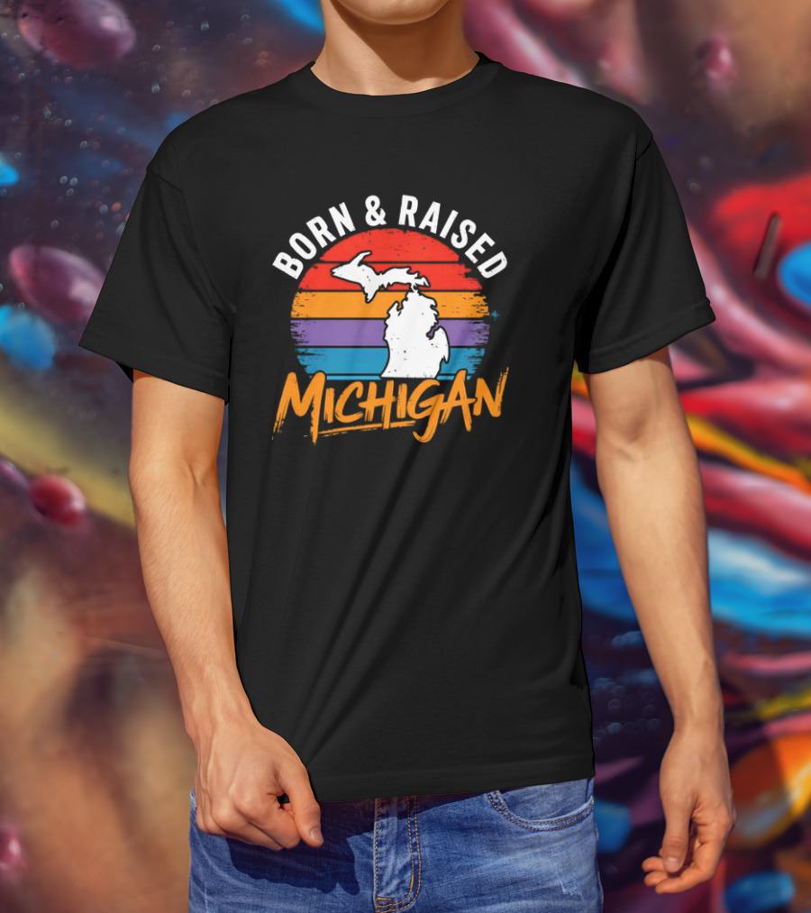 Born And Raised Michigan Vintage Sunset Map Stripes T-Shirt