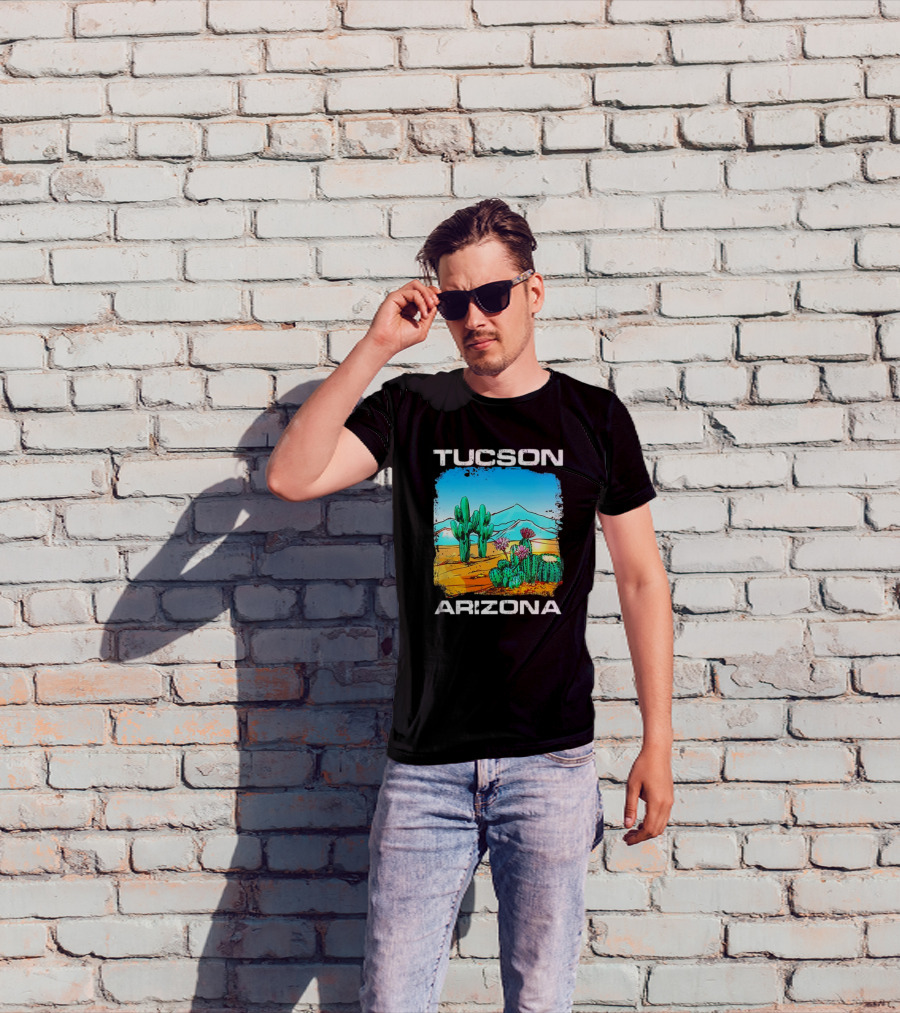 Tucson Arizona Retro Desert Scene With Cactus And Mountains T-Shirt