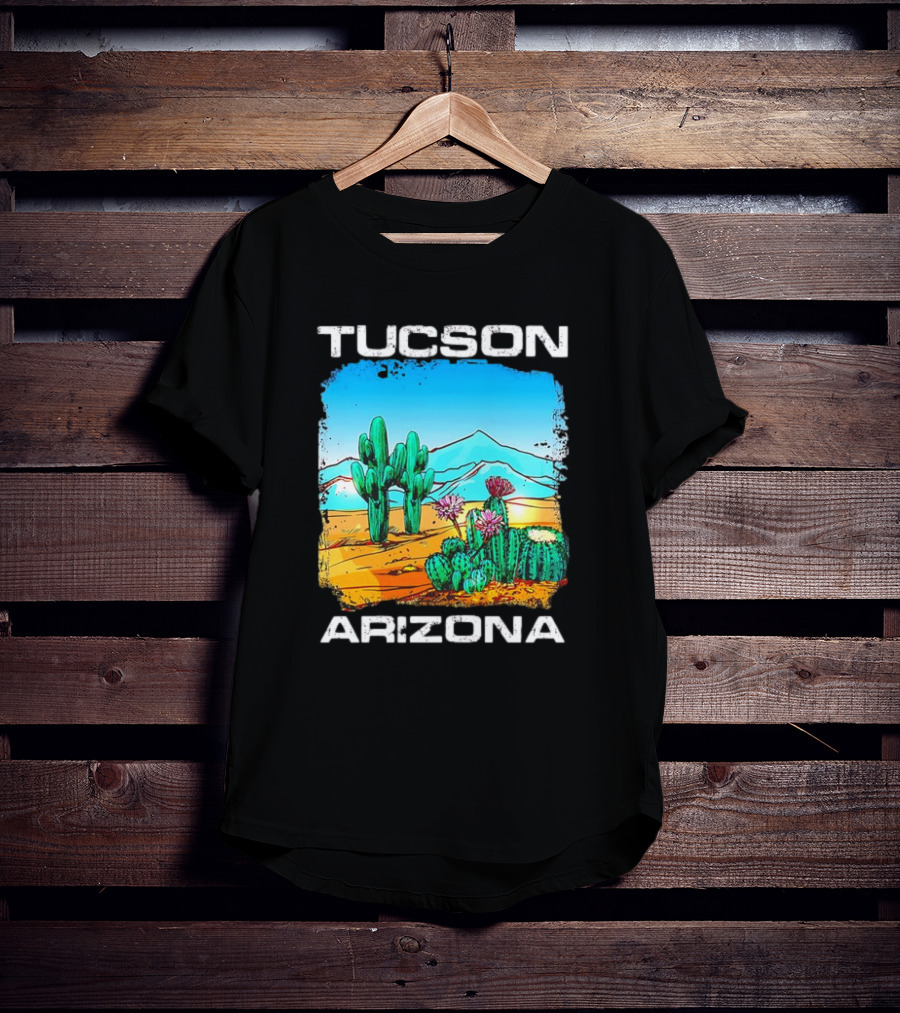 Tucson Arizona Retro Desert Scene With Cactus And Mountains T-Shirt